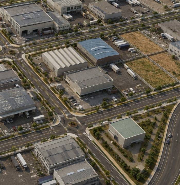 Aerial view of warehouses and internal roads in the industrial area
