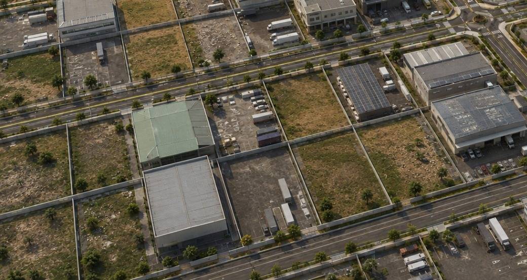 Aerial view of plots, warehouses and internal roads in the industrial area