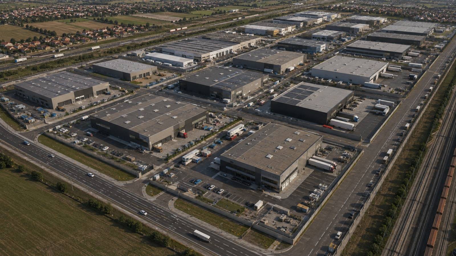 Aerial view of warehouses and loading yards between the main road and the rail line