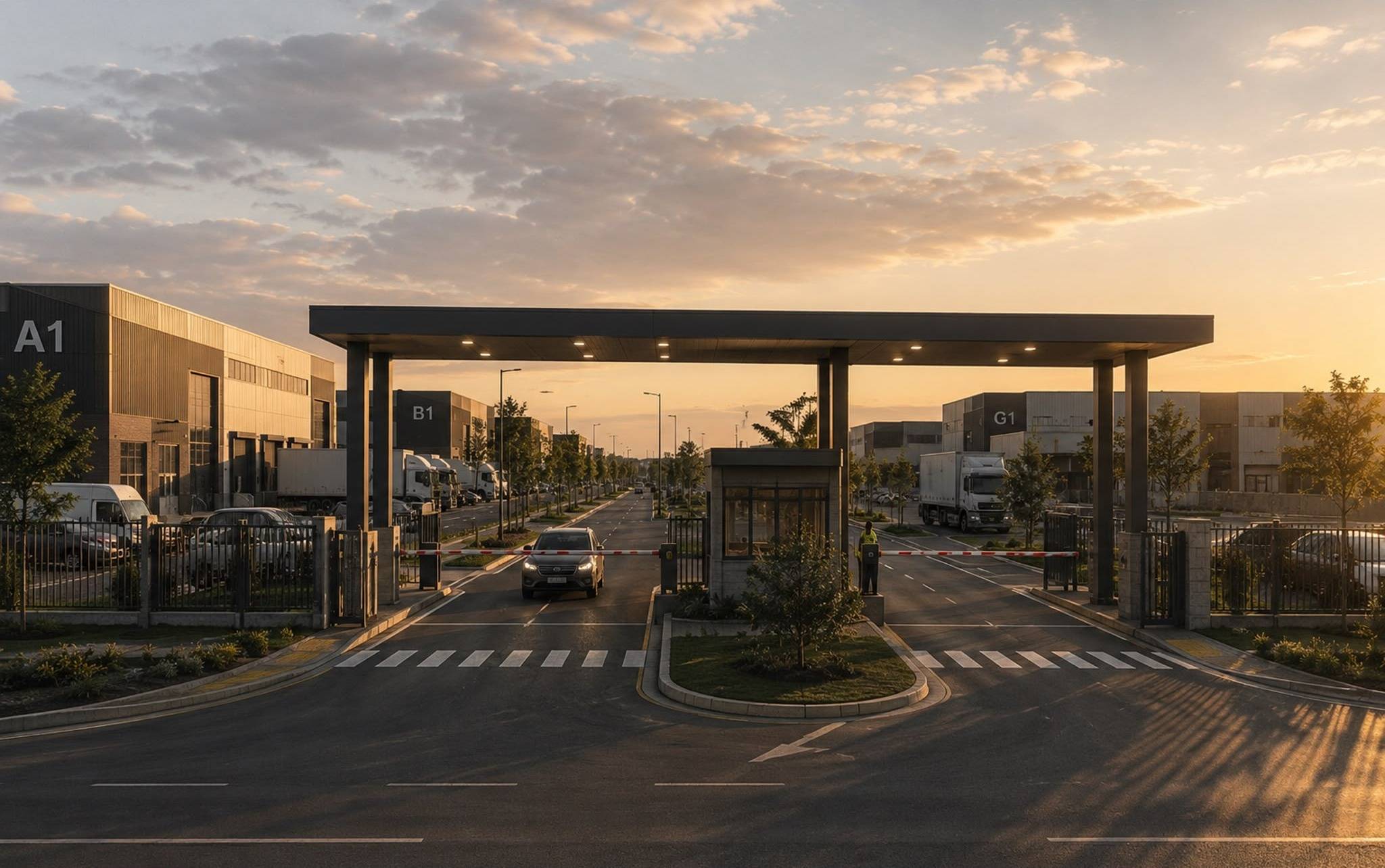 The main entrance, with a guard post and barriers, at sunset