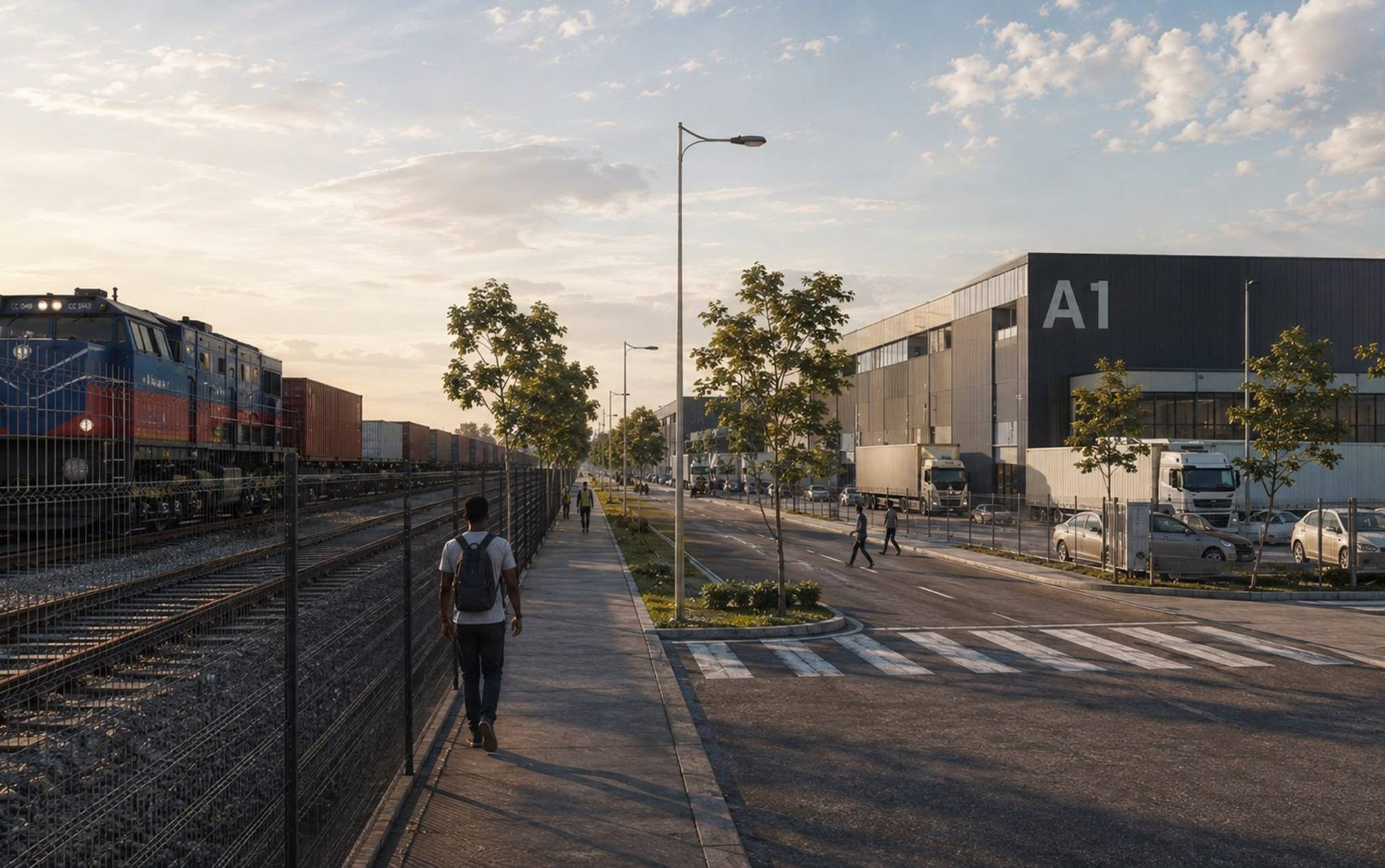 A walkway between warehouse A1 and the rail line, where a container train is waiting