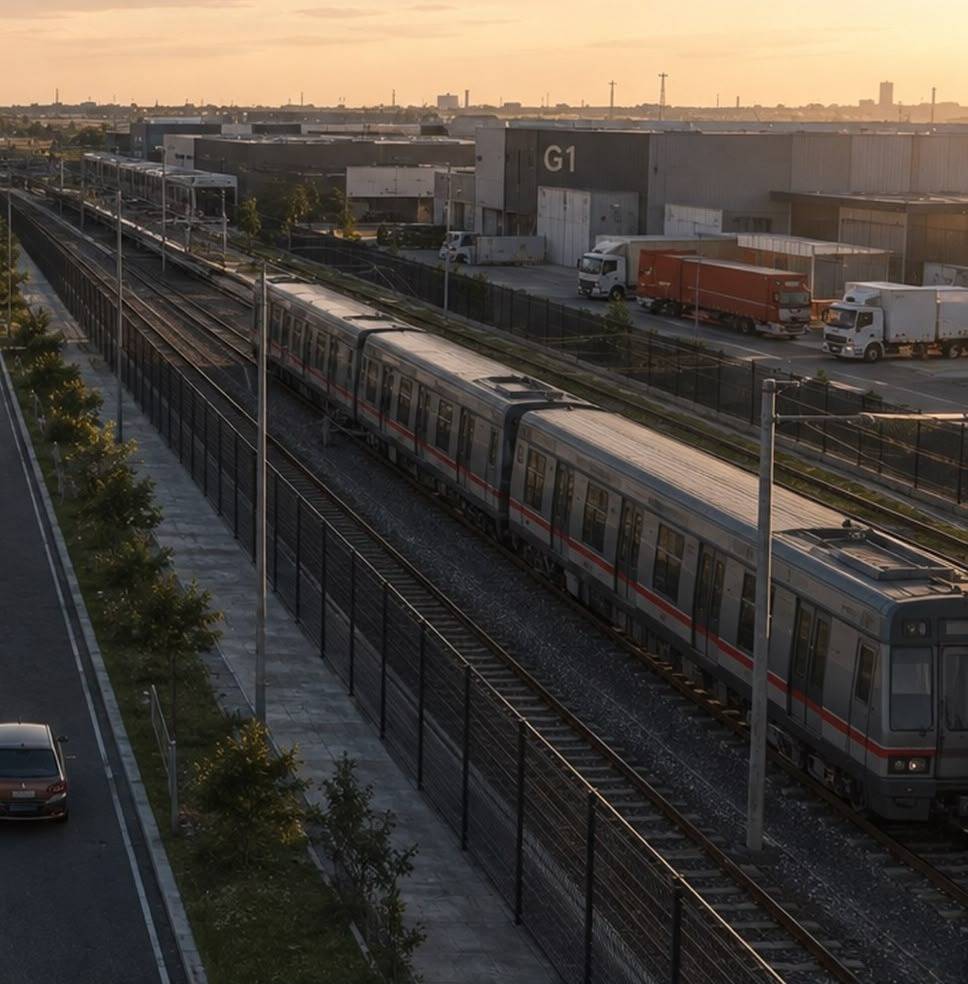A train on the rail line through the park, beside warehouse G1 and its loading yard, at sunset