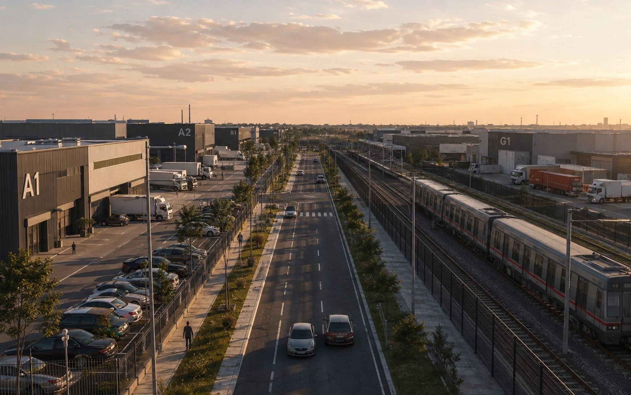 A tree-lined internal road beside the rail line, with warehouses on both sides at sunset